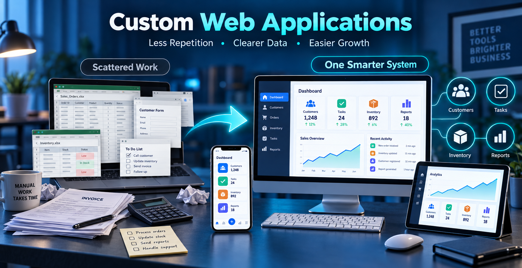 Custom web application dashboard connecting business tasks, customer records, data and reports