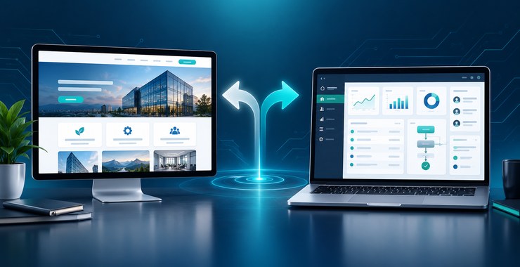 Website and web application displayed side by side