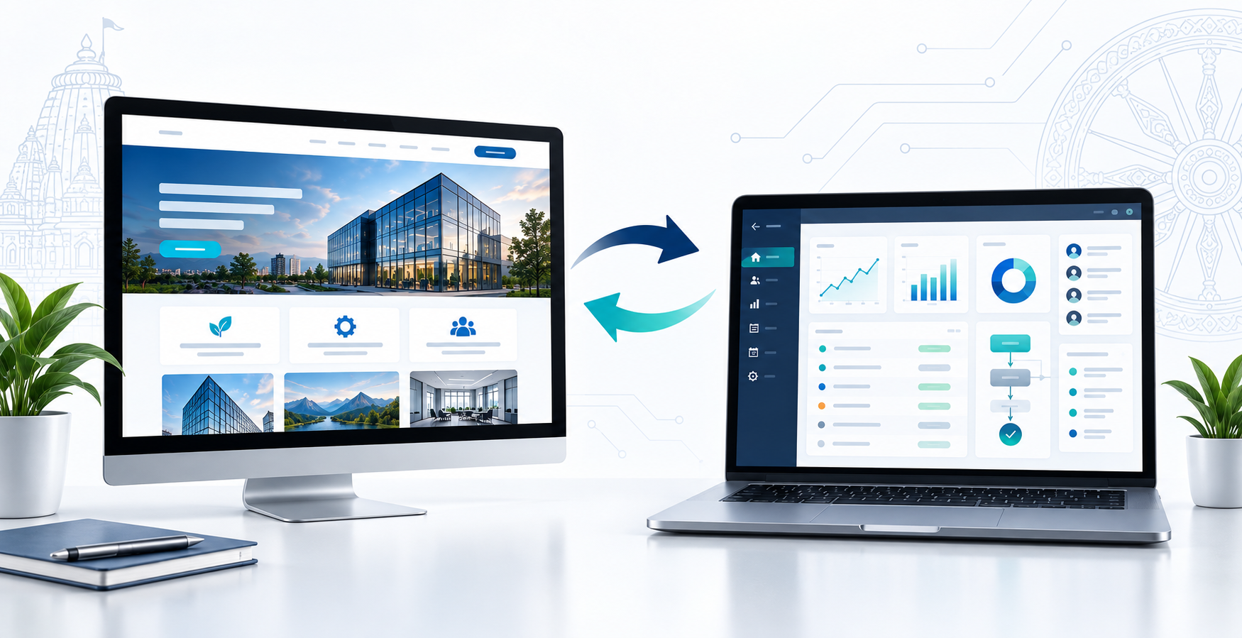 Website and web application displayed side by side